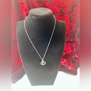 Elegant Silver Tone Double Heart
Pendant Necklace Simulated Emerald & Crystals